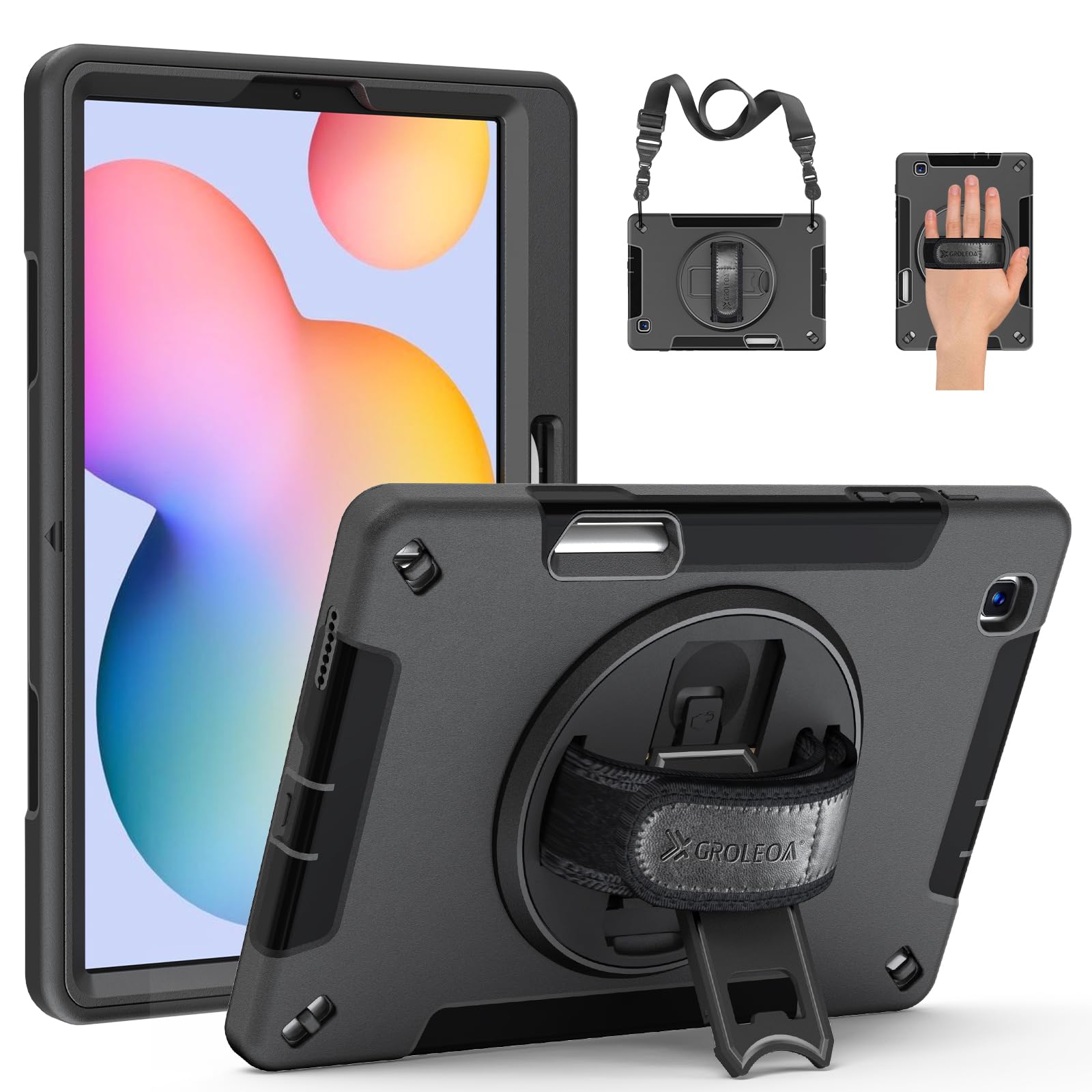 GROLEOAGalaxy Tab S6 Lite Case: Military Grade Shockproof Rugged Cover for Tablet S6 Lite 10.4 Inch with 360° Swivel Stand - Handle - Shoulder Strap -S-Pen Holder - Black
