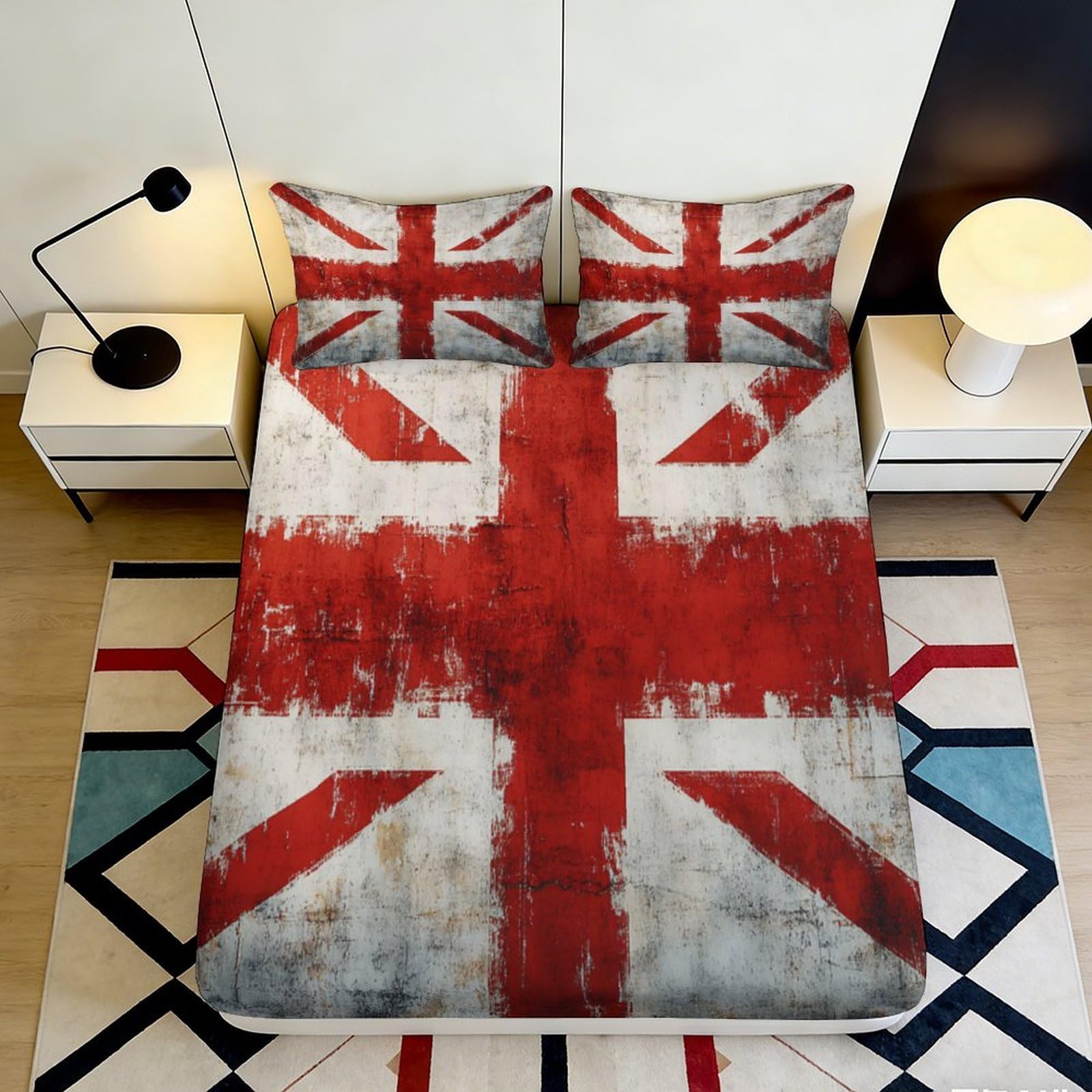 3D Printed British Flag Fitted Sheet Microfiber Deep Pocket Bedroom Non-Slip Union Jack Mattress Fitted Cover 140x200x25cm