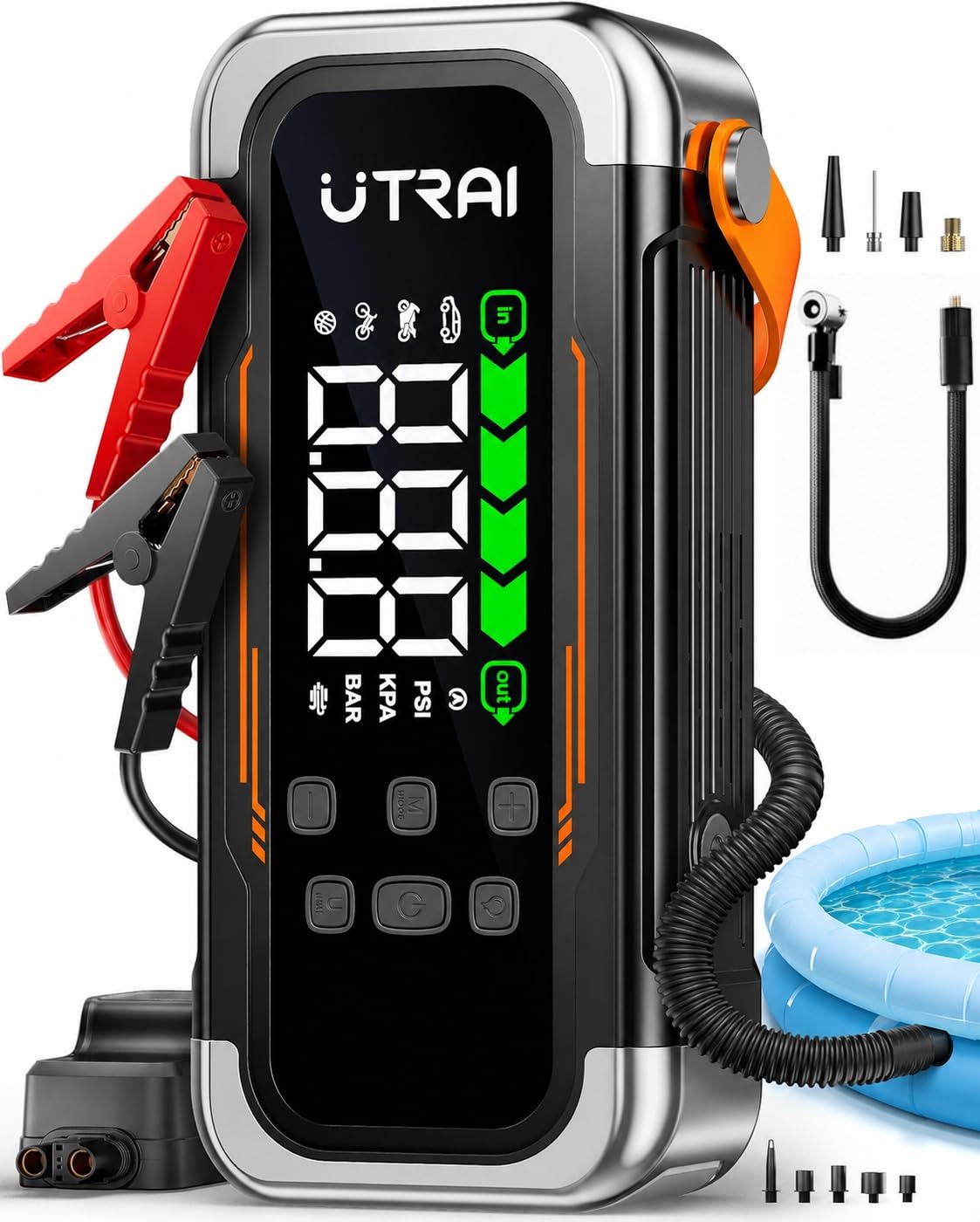UTRAI 6000A Starthilfe Powerbank für Pkw, Alle Benzin & Gas 10L Diesel | 150PSI Kompressor, Gebläsefunktion, PD 30W Ausgang, 10-Faches Sicherheitssystem, 800 Lumen Notfallleuchte
