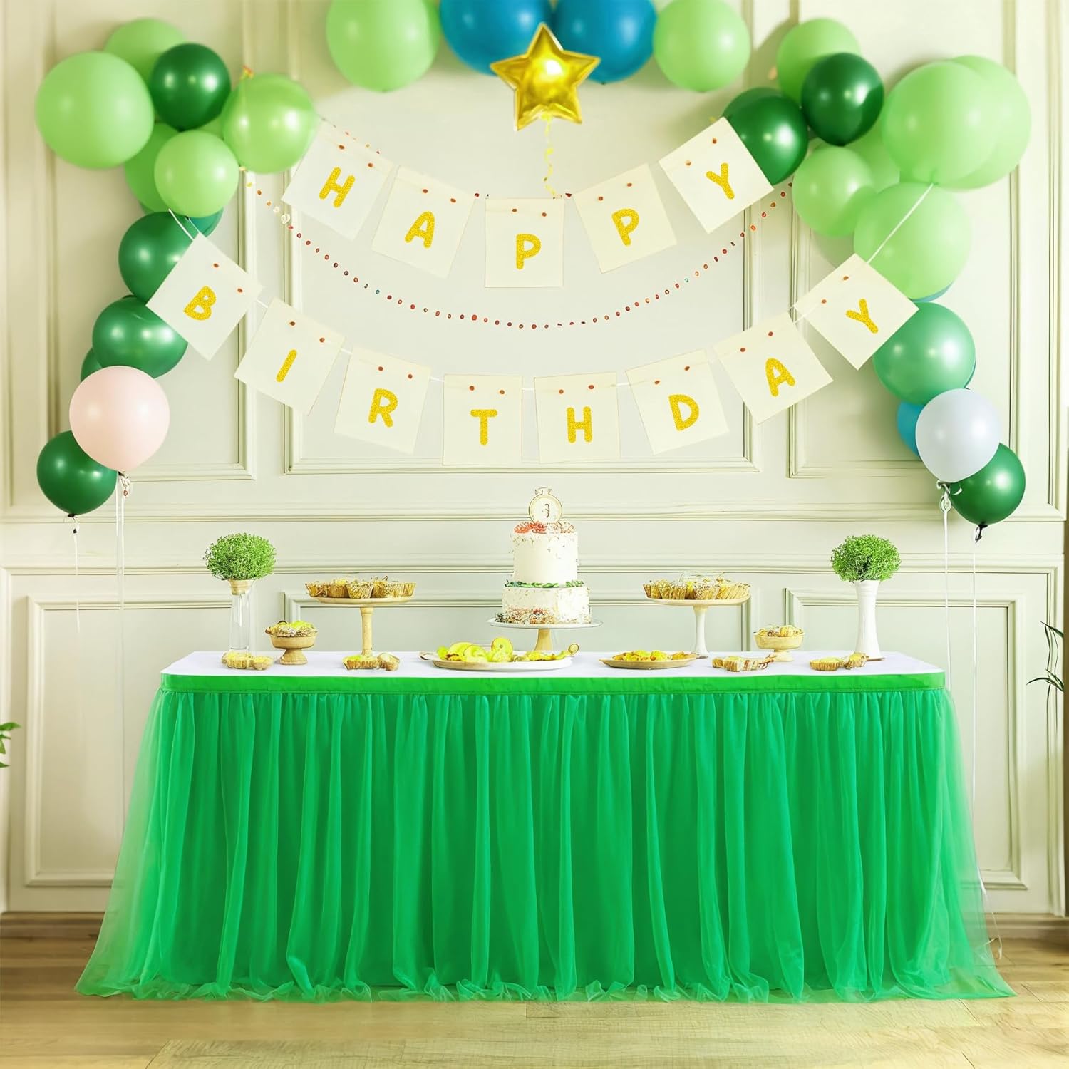 Suppromo 14ft White Tulle Table Skirt Tutu Table Skirt Tablecloth Decorations for Rectangle or Round Tables for Birthday Party Baby Shower Wedding Buffet Banquet Decoration(L14(ft)*H 30in)