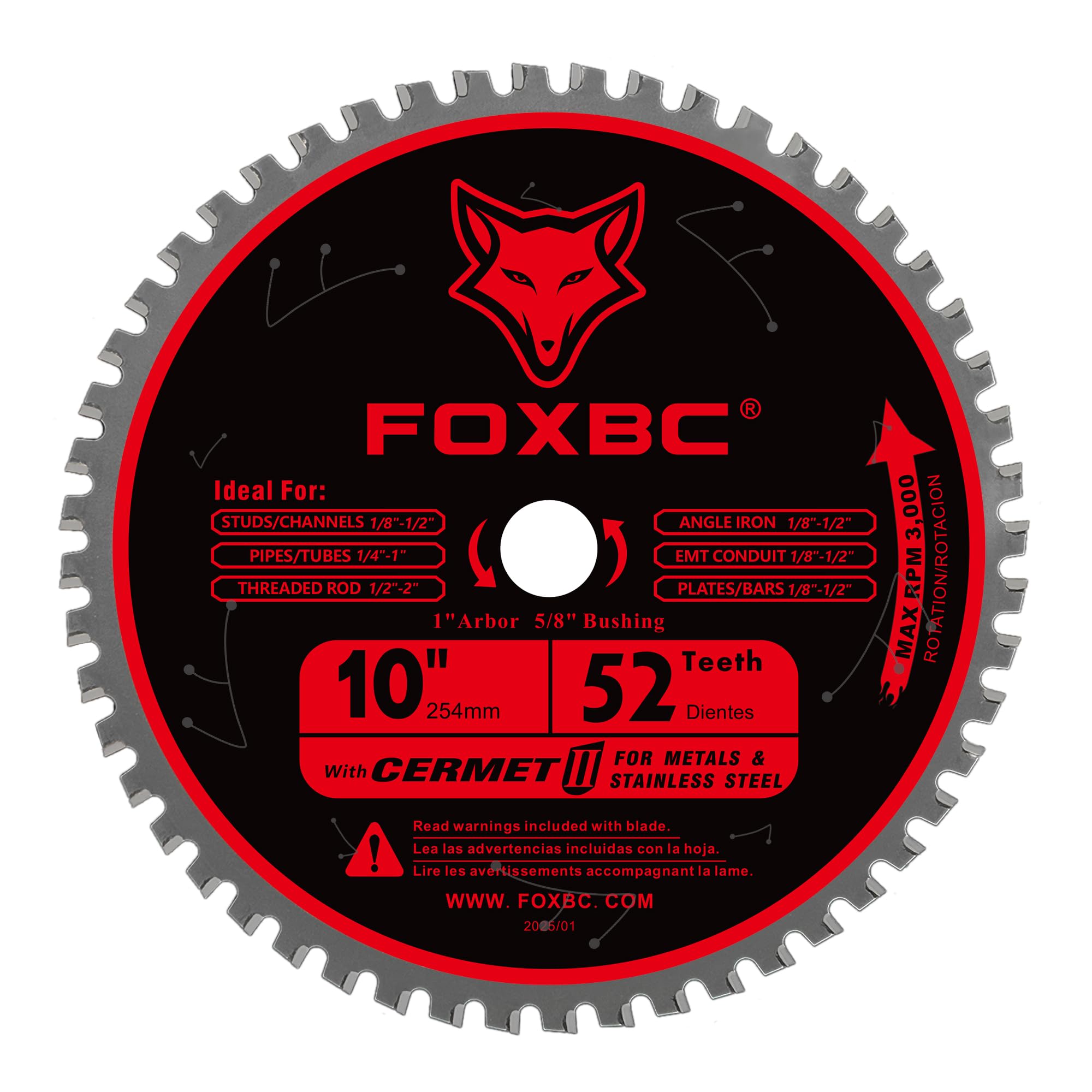 FOXBC 10 Inch Metal Steel Cutting Saw Blade 52 Teeth, 1" Arbor with 5/8" Bushing, Cermet Carbide Up to 5X Longer Life