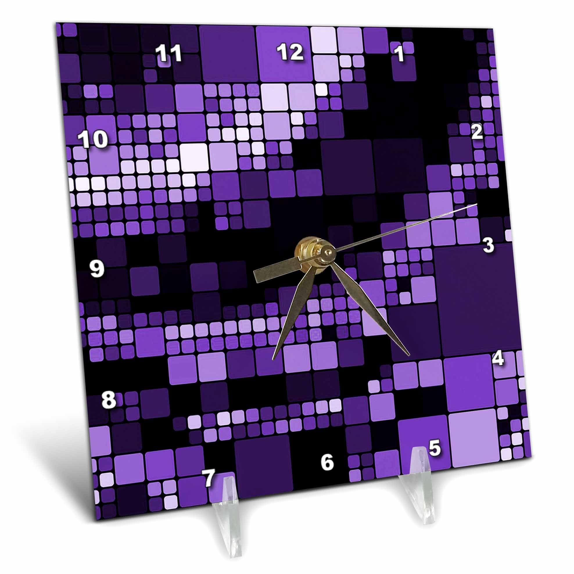 3dRose dc_125012_1 Dark and Light Purple Large and Small Digital Squares Pattern Desk Clock, 6 by 6-Inch