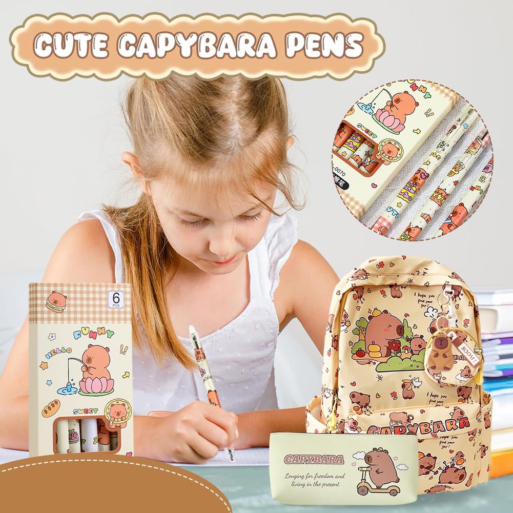 Capybara Bambini Zaino Schoolbag Grande Capacità Kawaii Astuccio Scuola Capibara Trousse Pencil Case Portapenne Animali Portachiavi 4 Penne Cancellabili Capybara Regalo Set (Giallo)
