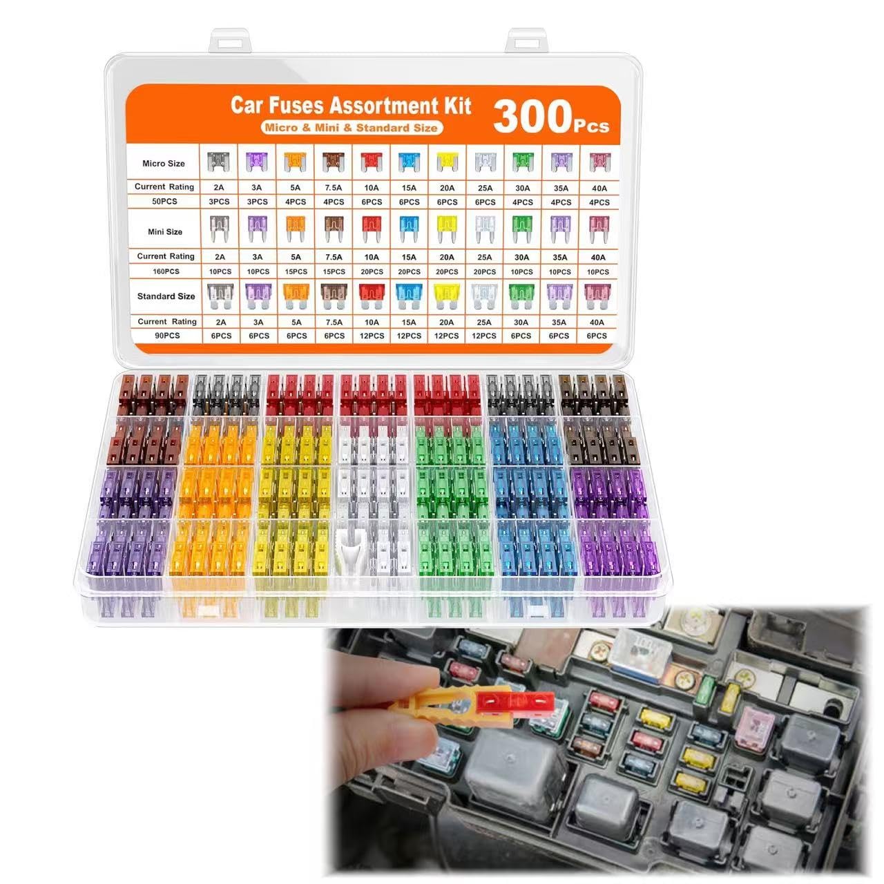 QIZUN 300 PCS Car Fuses Assortment Kit for Audi Q4 etron F4B 2021-, Automotive Blade Fuse Set Micro Mini Standard Size Replacement with Puller,Micro、Mini and Standard sizes