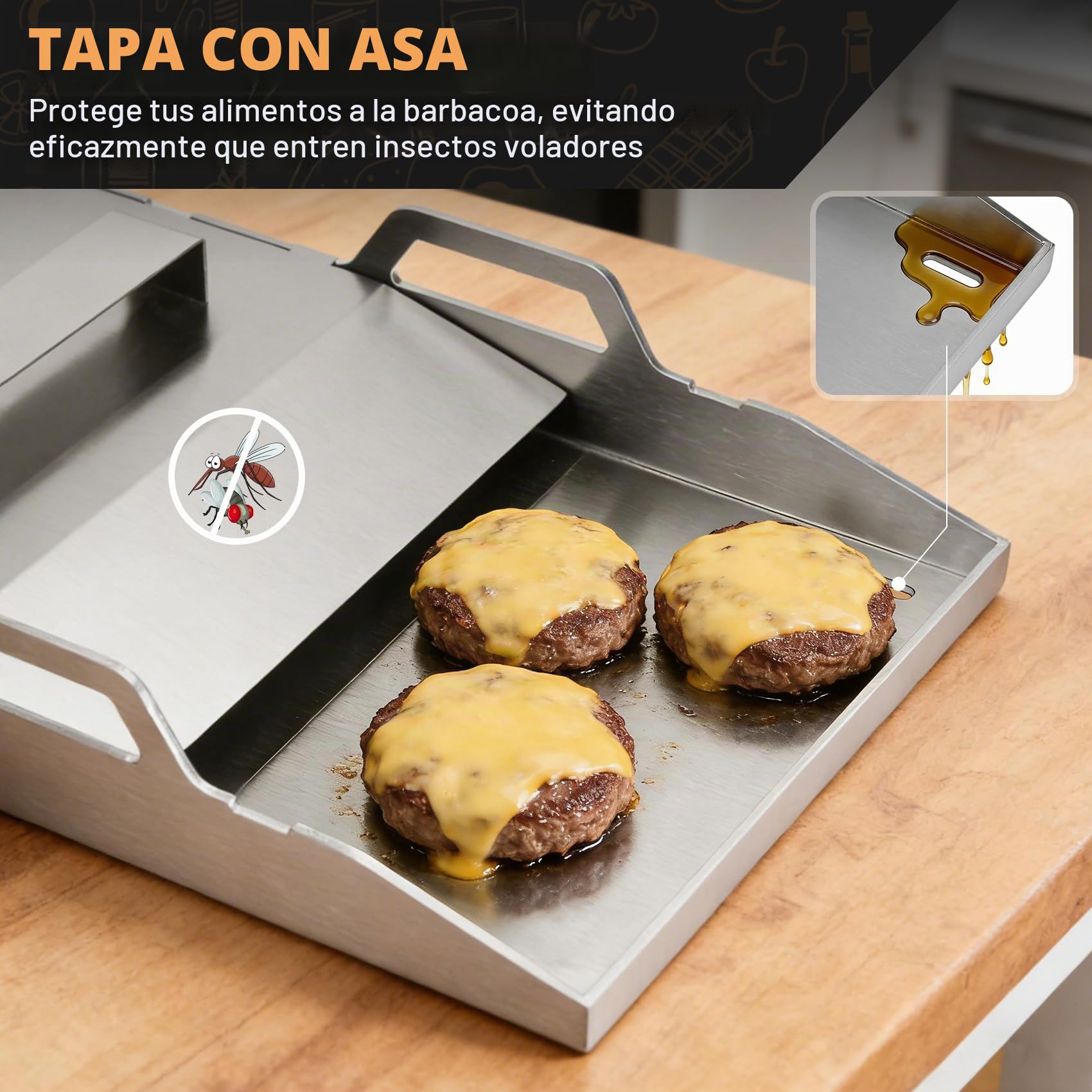 Onlyfire Plancha para Barbacoa 40x30cm de Acero Inoxidable, Plancha Grill con Tapa y 2 Espátulas, Universal, 40x30cm, para Parrillas de Gas y Camping
