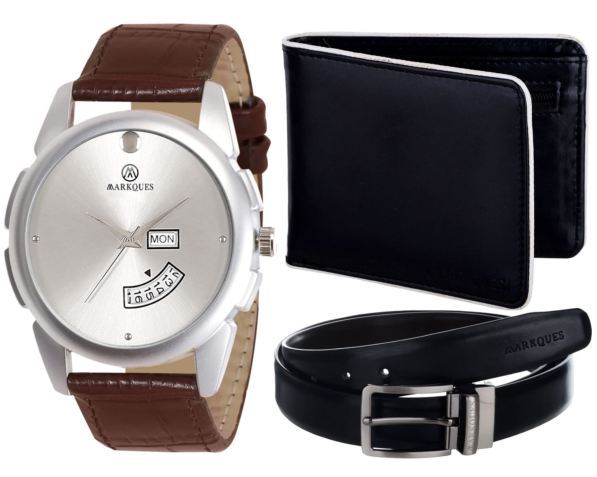 MARKQUES Day and Date Men's Watch, Leather Wallet and Belt 3 in 1 Combo Festival Gift Set for Men and Boys (STV-770907-ACE-01-NL-01)