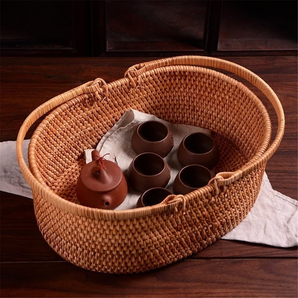 Dekoracja Kuchenna Kosz Rattanowy Przenośny Piknikowy Rozmaitości Do Przechowywania Na Biurko Idylliczny Pojemnik Żywność Imprezy Plenerowe(32 * 28 * 13cm)