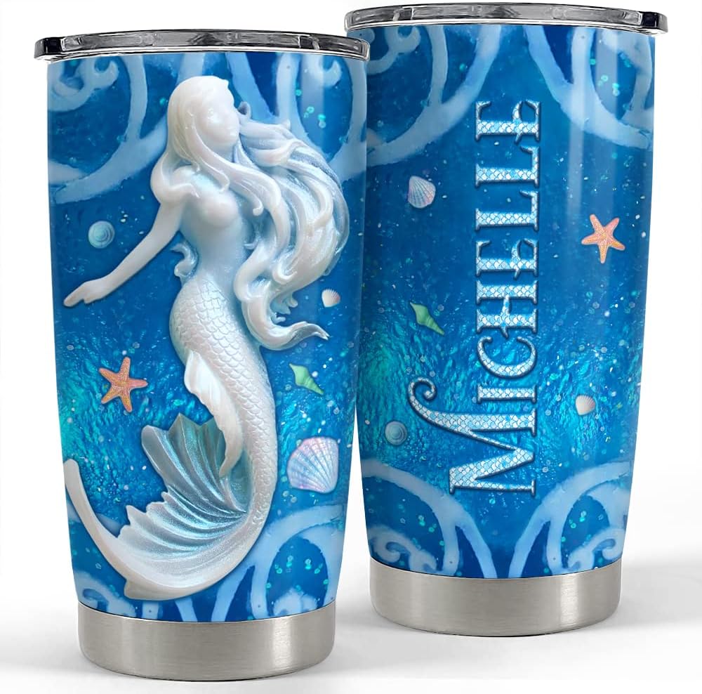 SANDJEST Personalized Mermaid Tumbler Drawing 20oz 30oz Tumblers with Lid Gift for Women Girl Mermaid Lovers Christmas Birthday