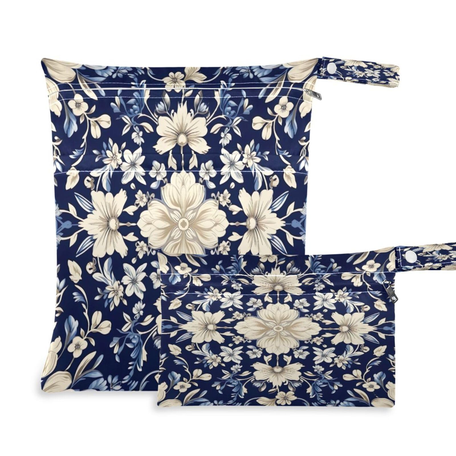 ATTX Blue White Pattern Wet Dry Bags 2-Pack - Reusable Cloth Diaper Storage for Travel, Beach & Gym | Multi-Use Waterproof Bags for Swimsuits, Baby Clothes, Sports Gear#109