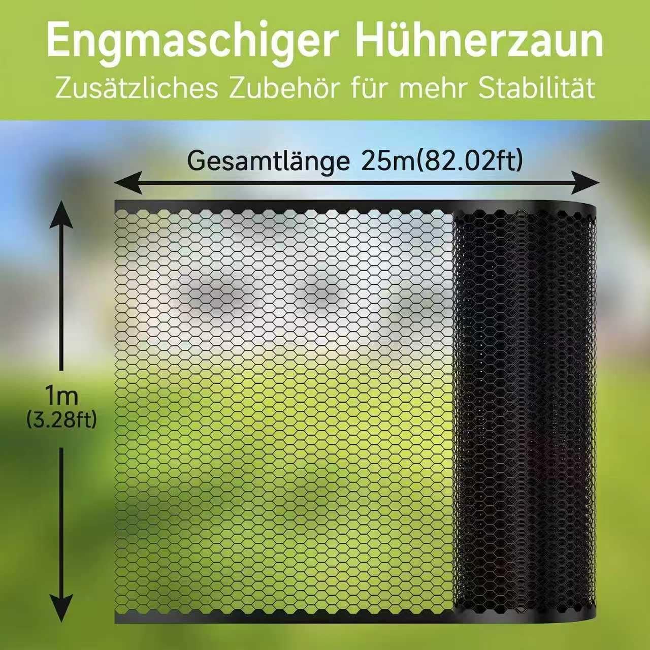 Steckzaun 25m x 100cm, Mobiler Hühnerzaun aus Kunststoff, mit 22 Vierkant-Stützpfählen, Gartenzaun zum Einstecken, Begrenzungszaun für Hühner, Hunde, Garten, Haus, Hof – Schwarz
