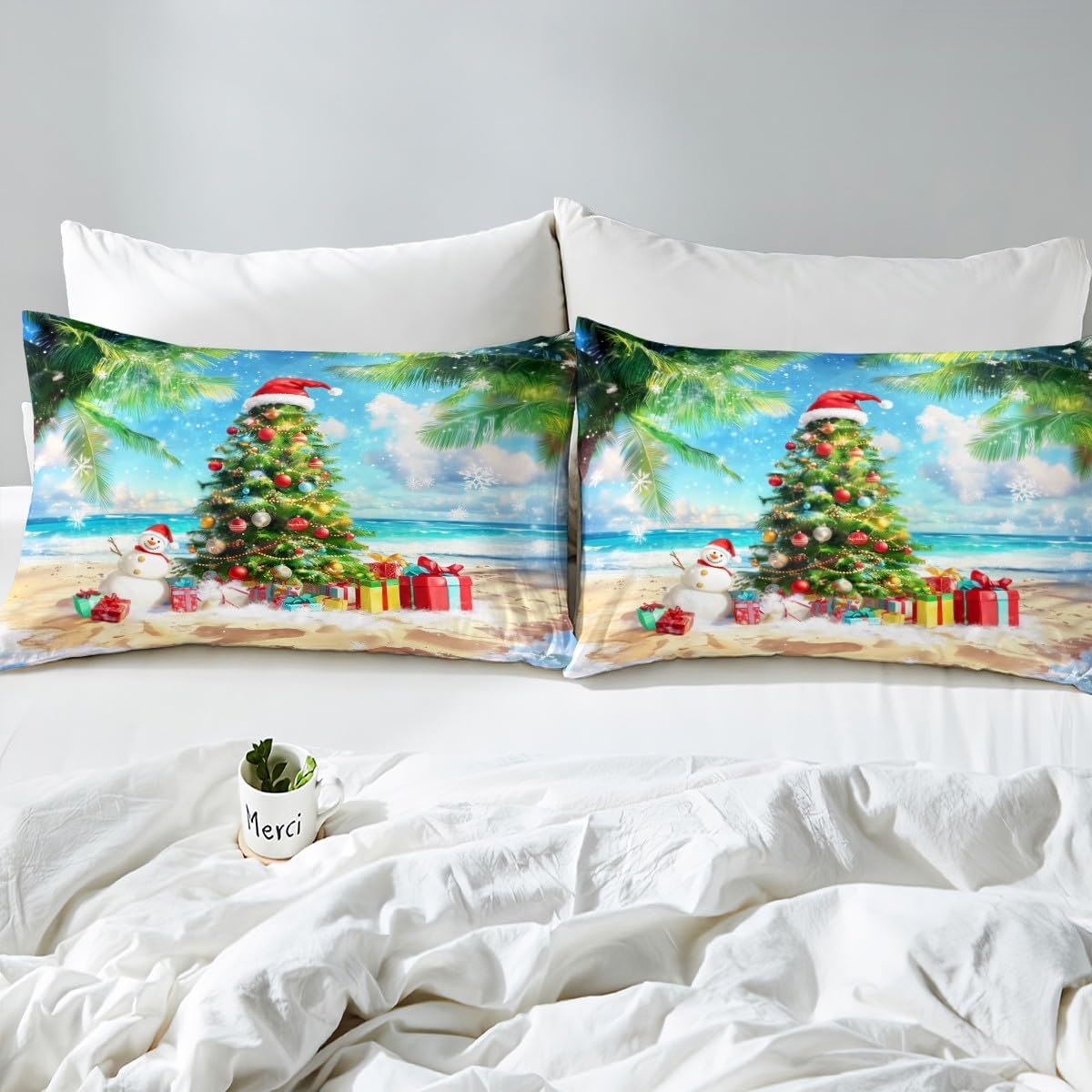 Hawaii Beach Duvet Cover Set Queen,Christmas Tree Snowman Bedding Set Kids Girls Boys Room Decor,Ocean Xmas Theme Comforter Cover 3Pcs,Palm Tree Coast Merry Christmas Bedspreads Cover,2 Pillowcases