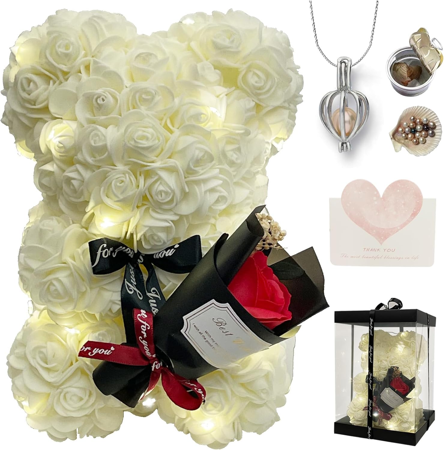 Romantic Valentines Day Gift for Her, Artificial Flowers Bouquet Necklace Rose Teddy Bear with Real Pearl Blind Box Birthday Gift, Valentiness Day Gift for Monther Wife Girl (White)