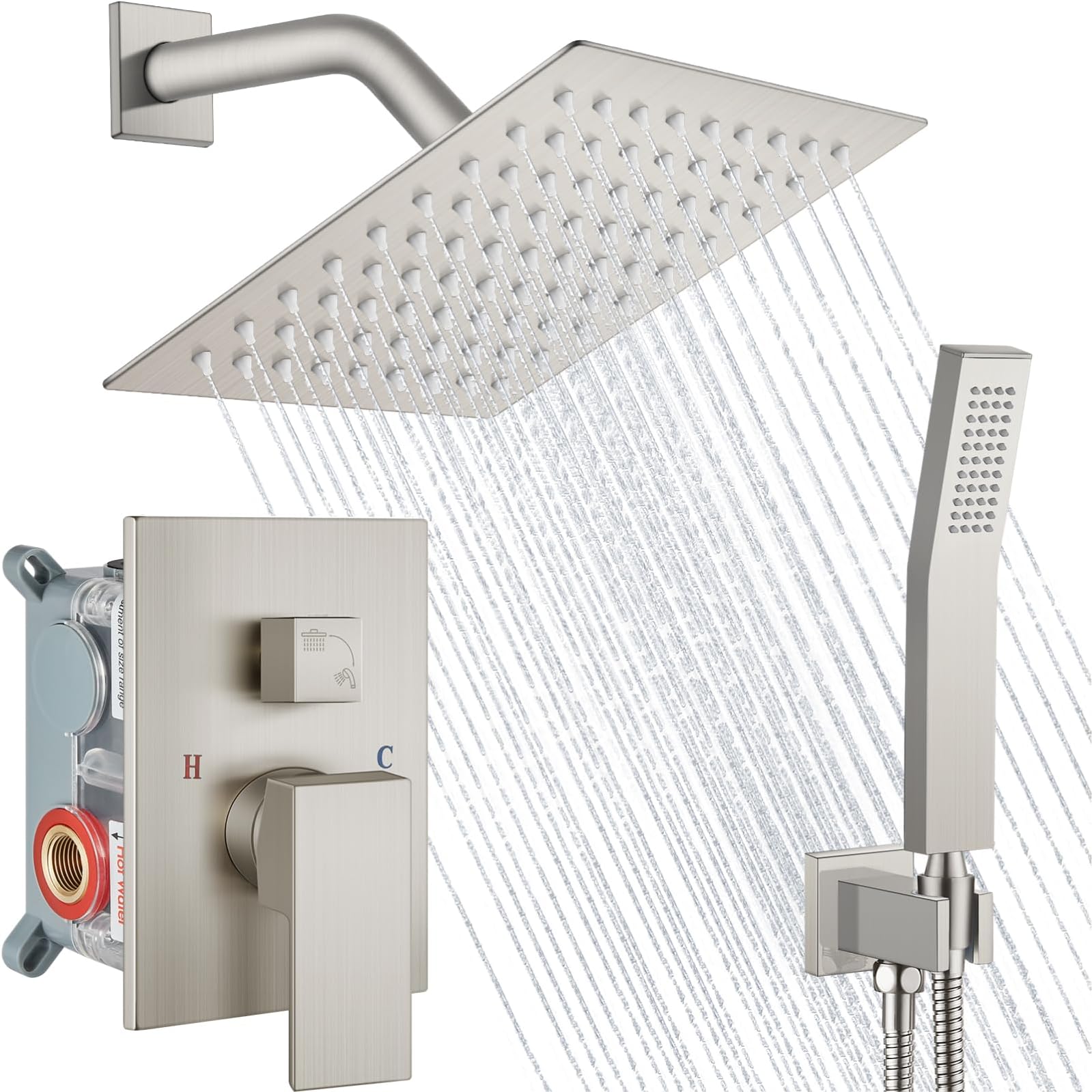 Midanya Shower Faucet Set,Wall Mount Shower System with Square Rain Shower Head and Hand Sprayer, Rough-in Valve Body and Trim Kit Included,8 Inch,Brushed Nickel