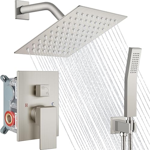 Miniatura 15 de Midanya Juego de grifo de ducha, sistema de ducha de montaje en pared con cabezal de ducha de lluvia cuadrado y rociador manual, cuerpo de válvula