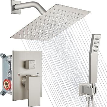 Midanya Shower Faucet Set,Wall Mount Shower System with Square Rain Shower Head and Hand Sprayer, Rough-in Valve Body and Trim Kit Included,8 Inch,Brushed Nickel