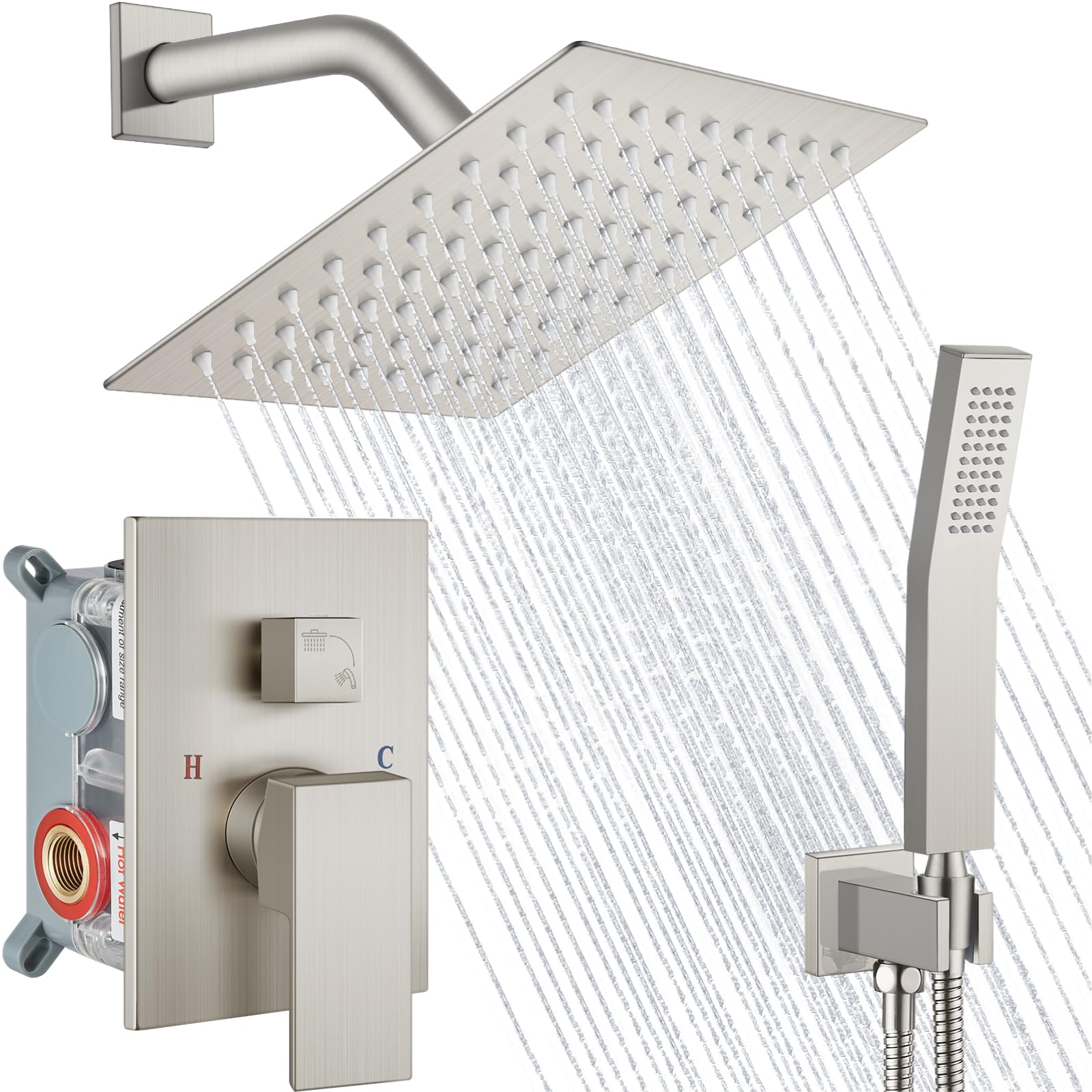 Midanya Shower Faucet Set,Wall Mount Shower System with Square Rain Shower Head and Hand Sprayer, Rough-in Valve Body and Trim Kit Included,8 Inch,Brushed Nickel