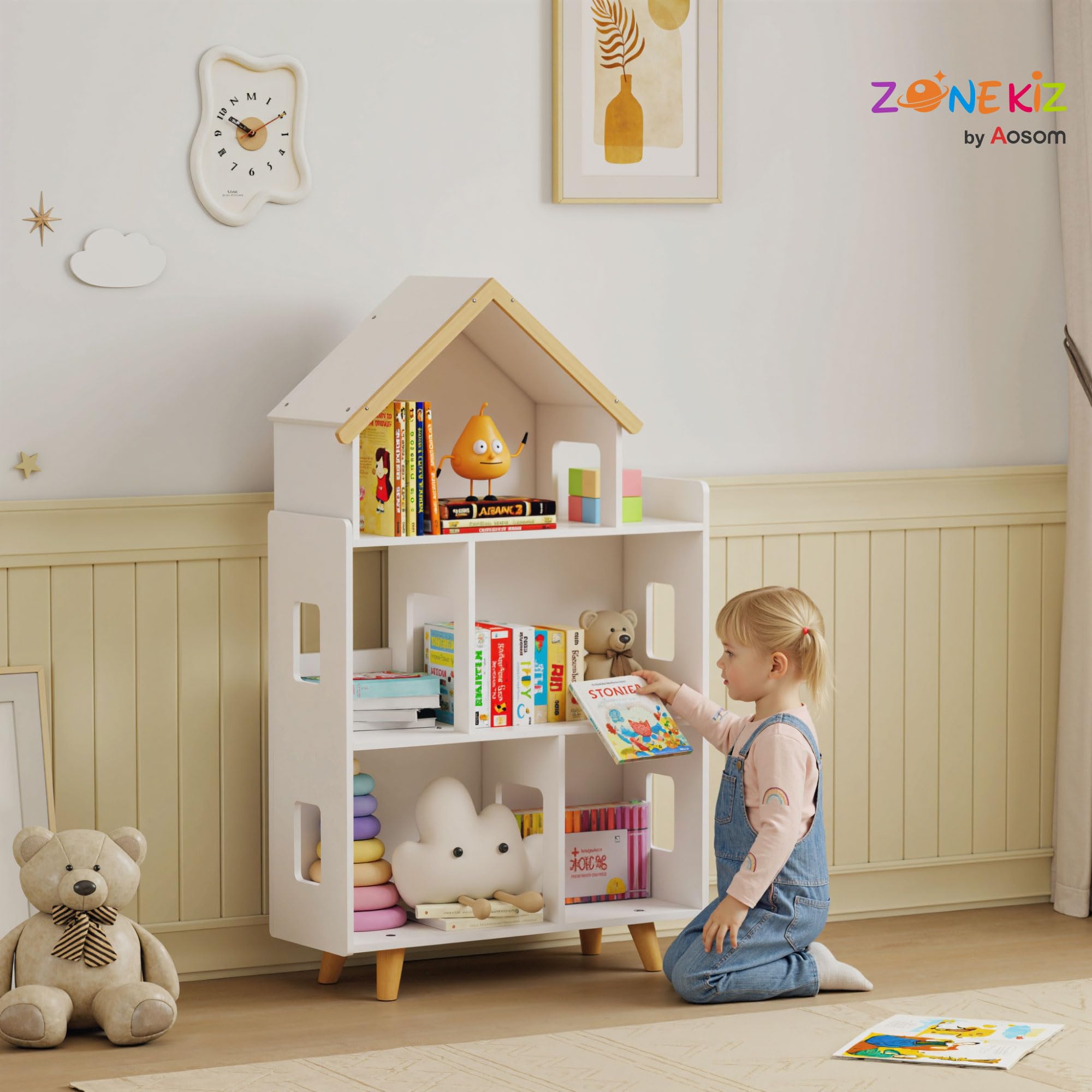 ZONEKIZ Étagère de Rangement pour Jouet Enfant et Livres Meuble de Rangement Forme de Maison - 3 Niveaux avec étagères - Bois Massif - 65 x 25 x 108,5 cm - Blanc et Naturel