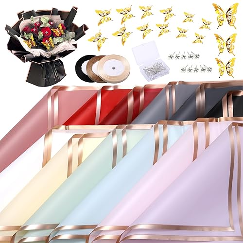 SOCNITC Juego de 166 piezas de papel de regalo de flores, 120 hojas de papel de regalo de ramo impermeable, 12 colores, papel de regalo floral