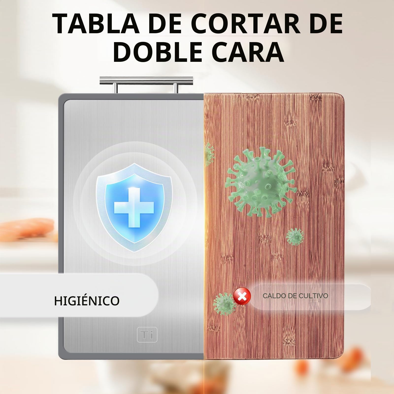 Tabla de cortar de titanio, 1 unidad, tabla de cortar de doble cara con ranuras para zumo y asas antideslizantes, tabla de cortar profesional, apta para lavavajillas, tamaño 42,5 x 29 cm