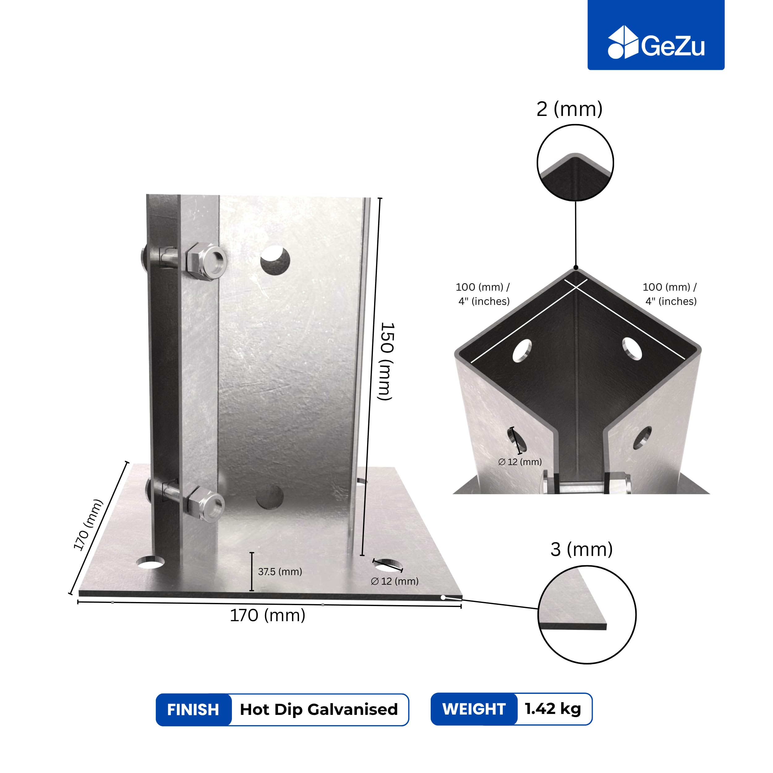 Supporto per Palo da Fissare 100 x 100 mm Zincato a Caldo Staffa Base Quadrata Recinzione