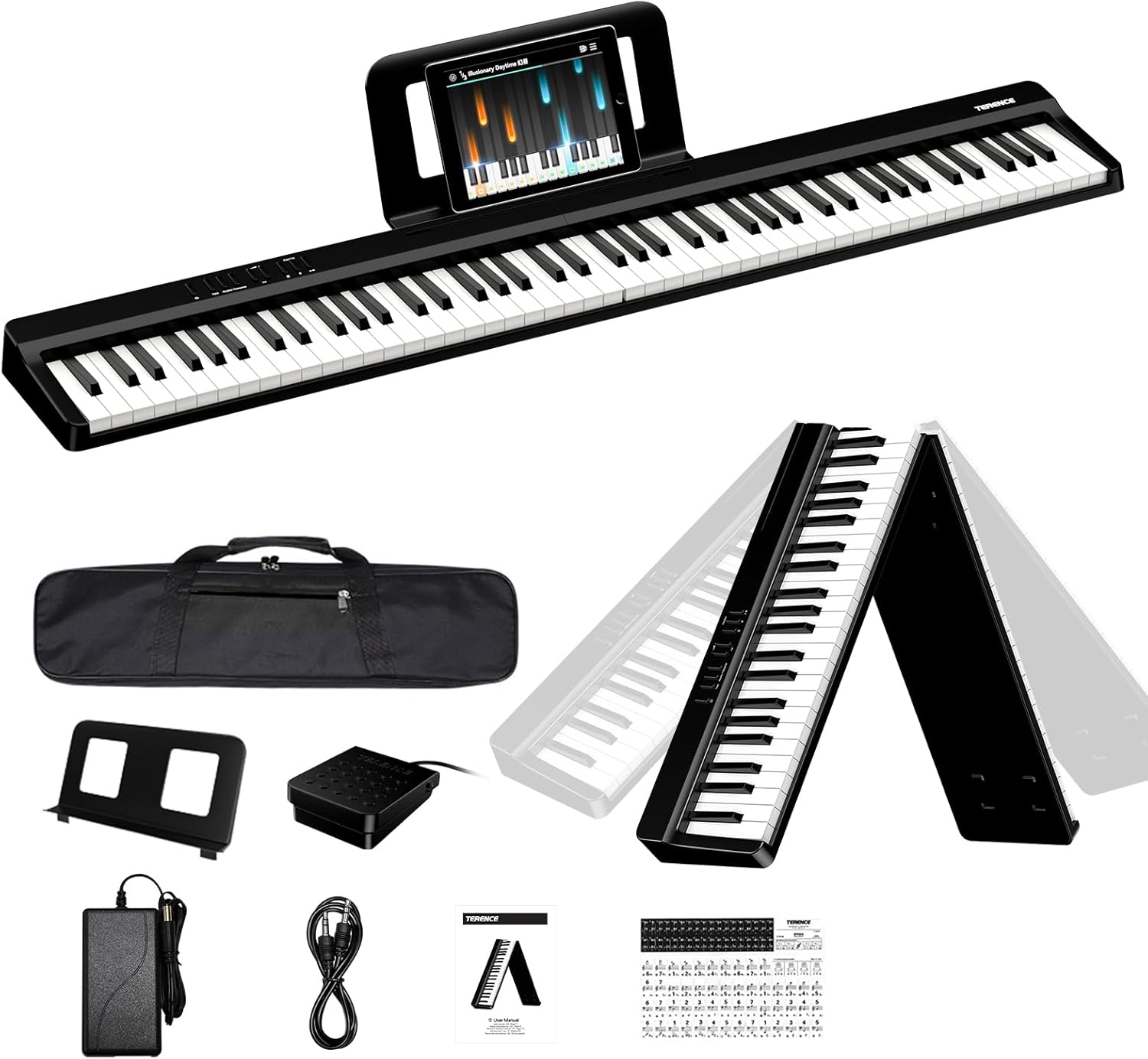 TERENCE Digital Piano 88 Key Weighted Keyboard, Full Size Folding Piano Keyboard with Four Units Speaker System, Music Stand, and Sustain Pedal, Portable Folding Piano Gift Teaching for Beginners