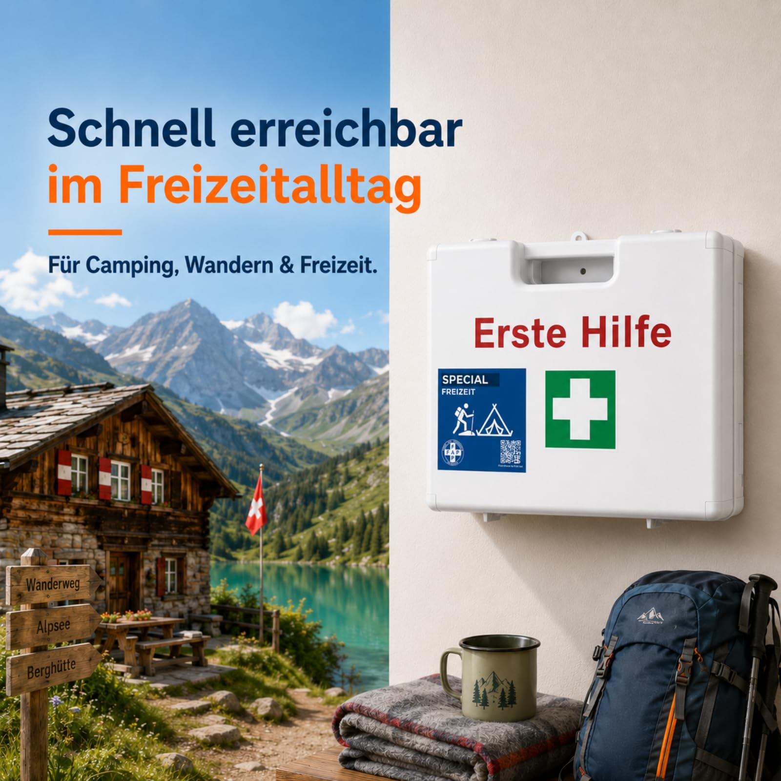 FAP Erste-Hilfe-Koffer Freizeit DIN 13157 gefüllt - Weiß | Burngel & Beatmungstuch | Camping Jugendherberge Pfadfinder Ferienlager Verein Outdoor Camp, Betriebsverbandkasten Wandhalterung -33×42×15 cm