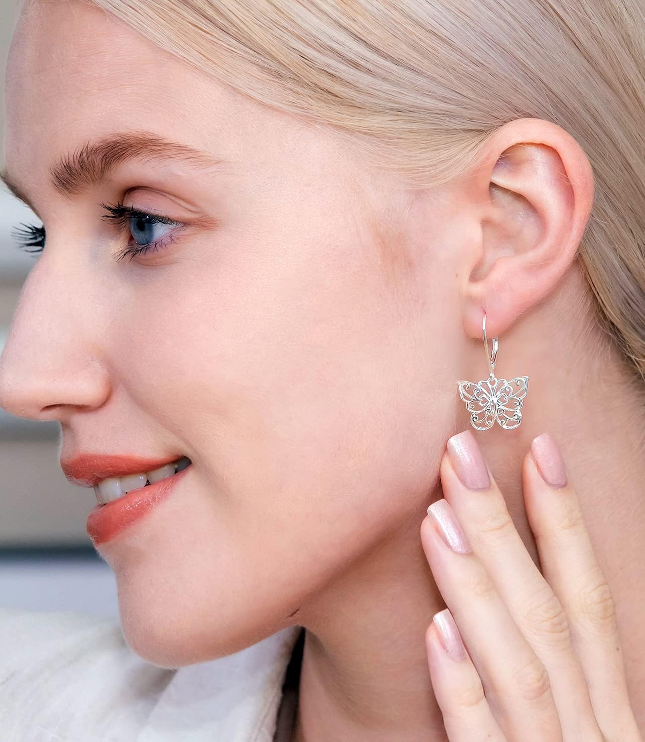 Hoops & Loops 925 Sterling Silver Diamond-cut Filigree Thin Dainty Butterfly Dangle Drop Leverback Earrings - Image 2
