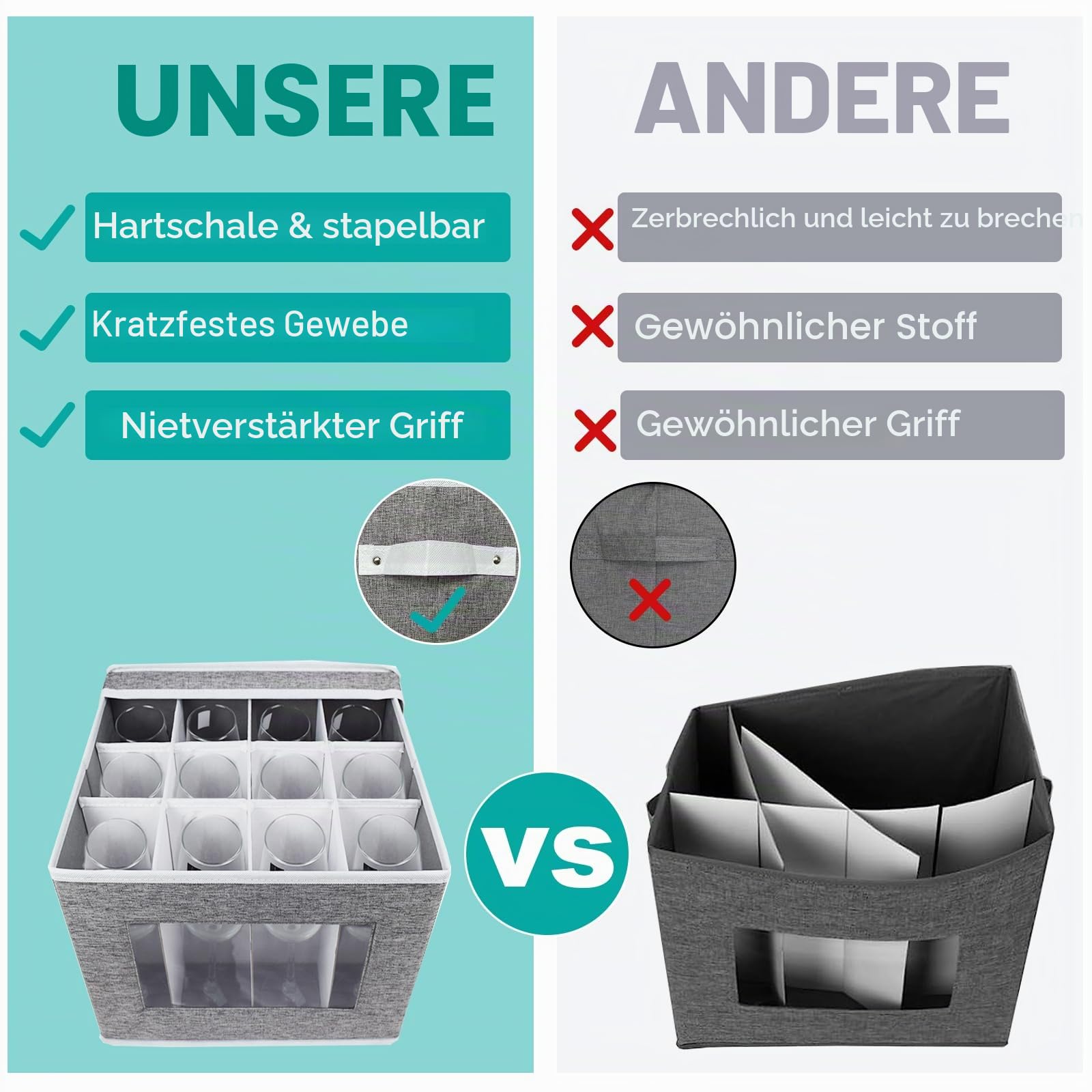 Champagnerflöten-Aufbewahrungsbox mit Trennwänden, Champagnerglas-Aufbewahrungsbehälter, Hartschalen-Stielglas-Aufbewahrungskoffer-Organizer-Service für 12 Kristall-Champagnerflöten Aufbewahrung und