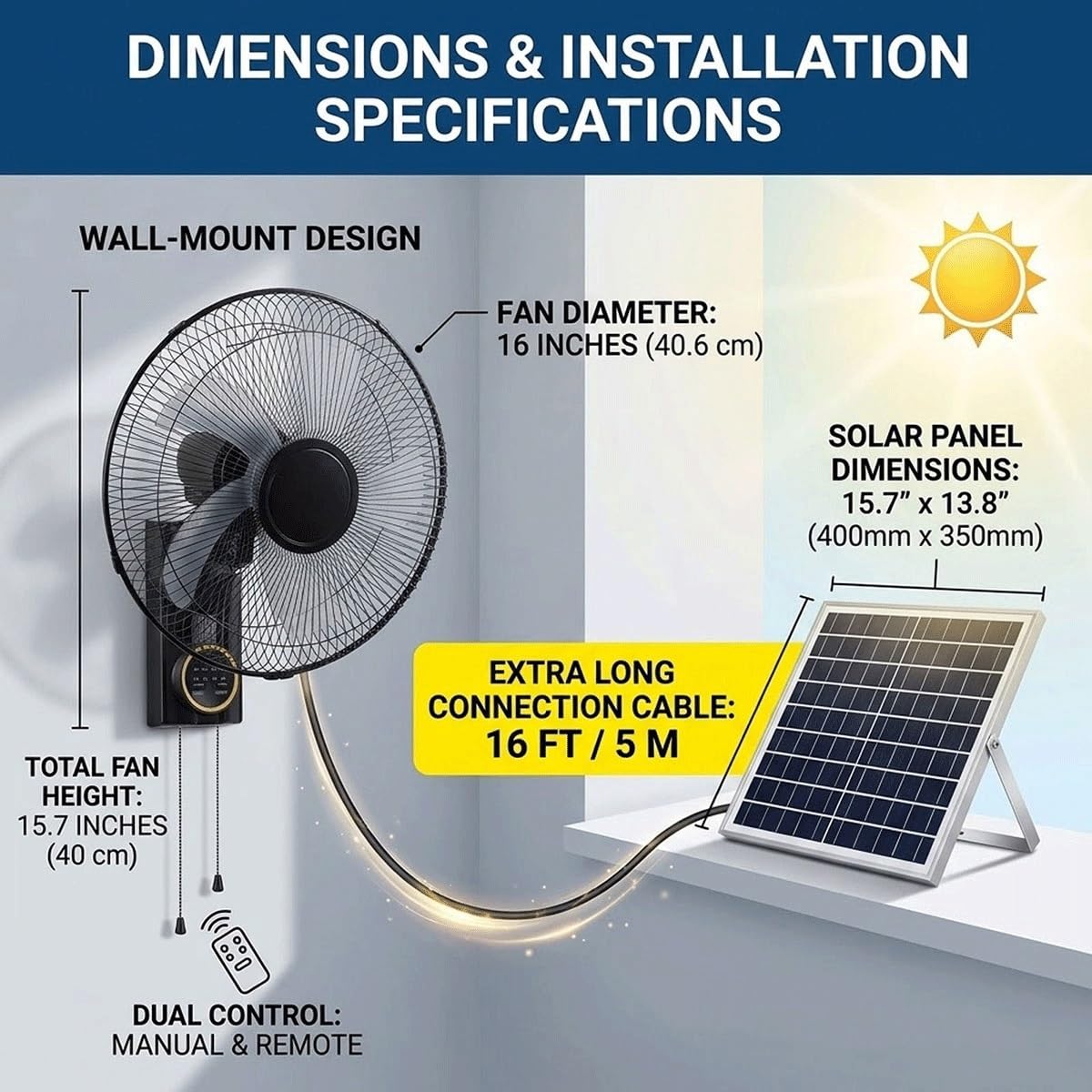 Genérico Ventilador Oscilante de Pared de 40cm para Patios, Ventilador Solar con 5 Aspas, 3 Velocidades, Ventiladores Solares para Exteriores para el Hogar, Invernadero, Garaje, Dormitorio, Camping.