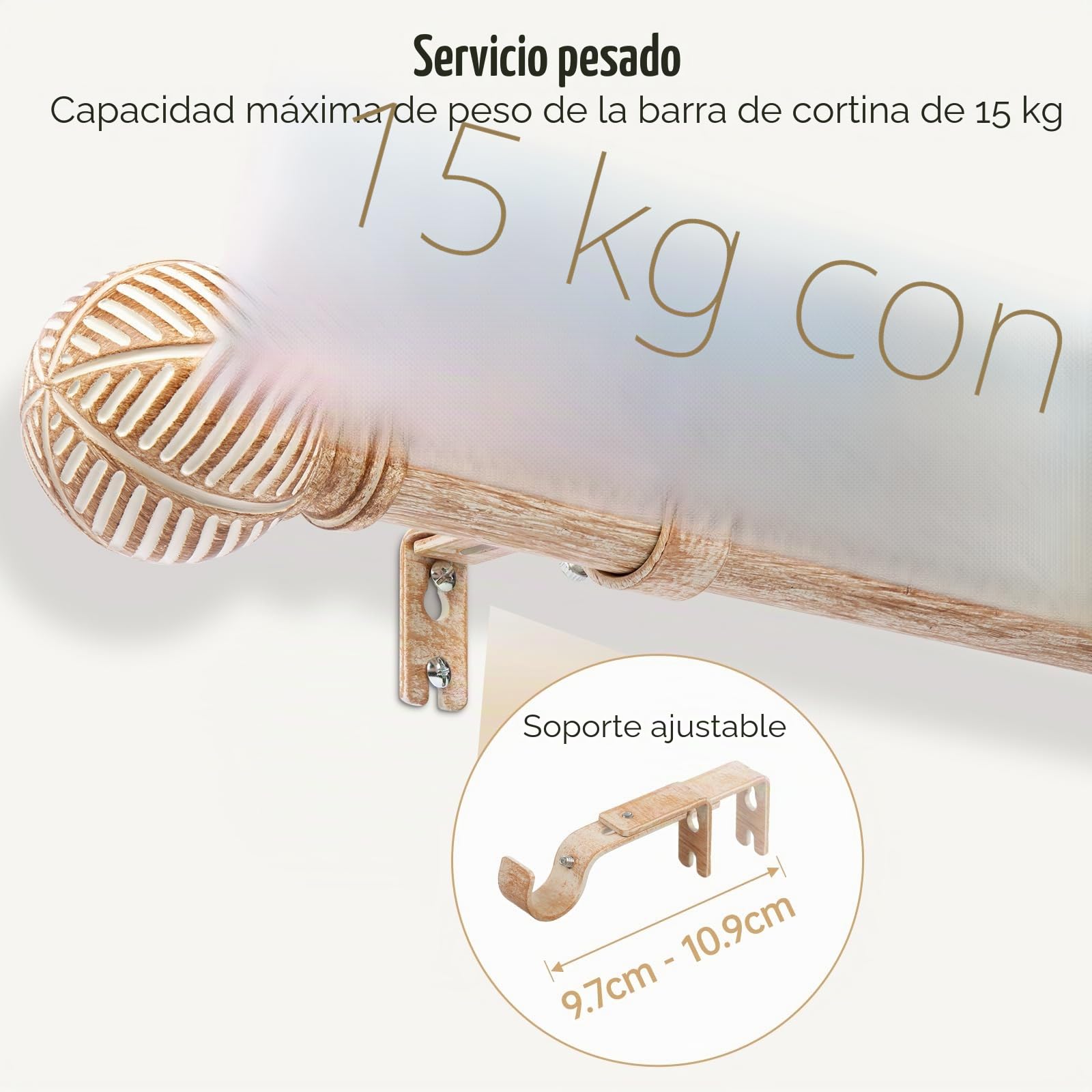 Barra de cortina extensible con efecto de madera, 76-305 cm, núcleo de metal de 25 mm, con vetas de imitación de madera, compatible con ojales, barra extensible para ventanas y puertas, color