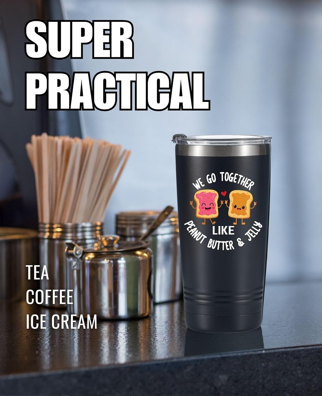 Onebttl Peanut Butter & Jelly Gifts, Funny Gift Idea for Women, Men, Friends, 20oz Stainless Steel Insulated Travel Mug Gifts for Christmas, Birthday - Black