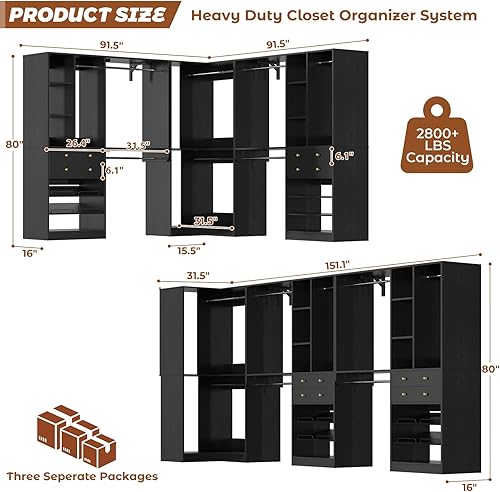 Miniatura 3 de Sistema de armario (juego de 3) con 4 cajones, 8 batas colgantes, sistema organizador de armario de 91.5 pulgadas151 pulgadas con torre de esquina,