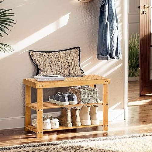 Miniatura 2 de Zapatero de bambú de 3 niveles, banco organizador de almacenamiento de zapatos, banco de entrada, zapatero para entrada de puerta delantera,