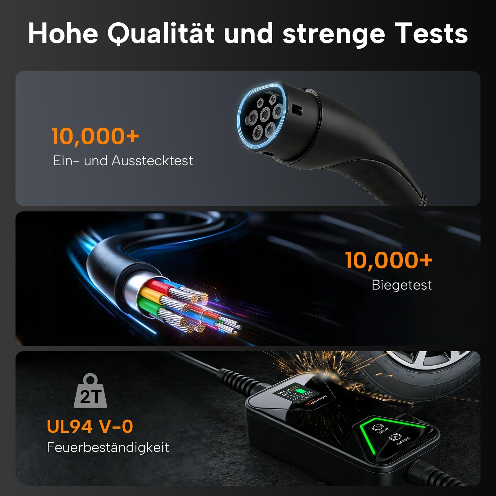 Typ 2 Ladekabel Schuko 3.5kW 16A für PHEV/EV, 8m | 8/10/13/16A Einstellbarer Strom, mit Digitalanzeige, 6h Verzögerungstimer, IP66, Tragetasche und Mikrofasertuch