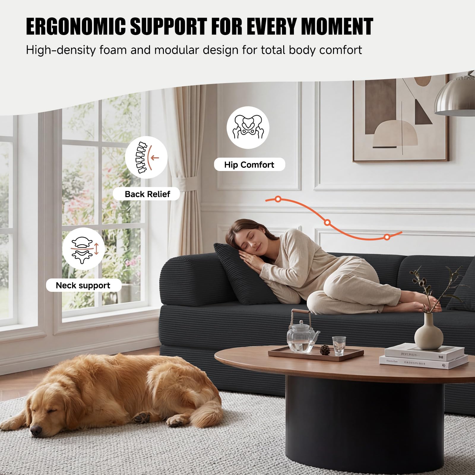79" Boneless Couch, Convertible Sleeper Sofa Bed, Black | Corduroy Boneless Fold-Out Couch in a Box, 4-in-1 Loveseat/Futon Couch, High-Density Foam, No Assembly