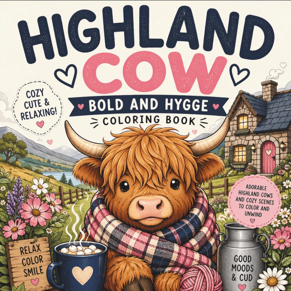 Highland Cow Coloring Book for Adults and Kids: Bold and Easy Hygge Farm Animal Designs with Cute Cows, Cozy Scenes, and Relaxing Country Life