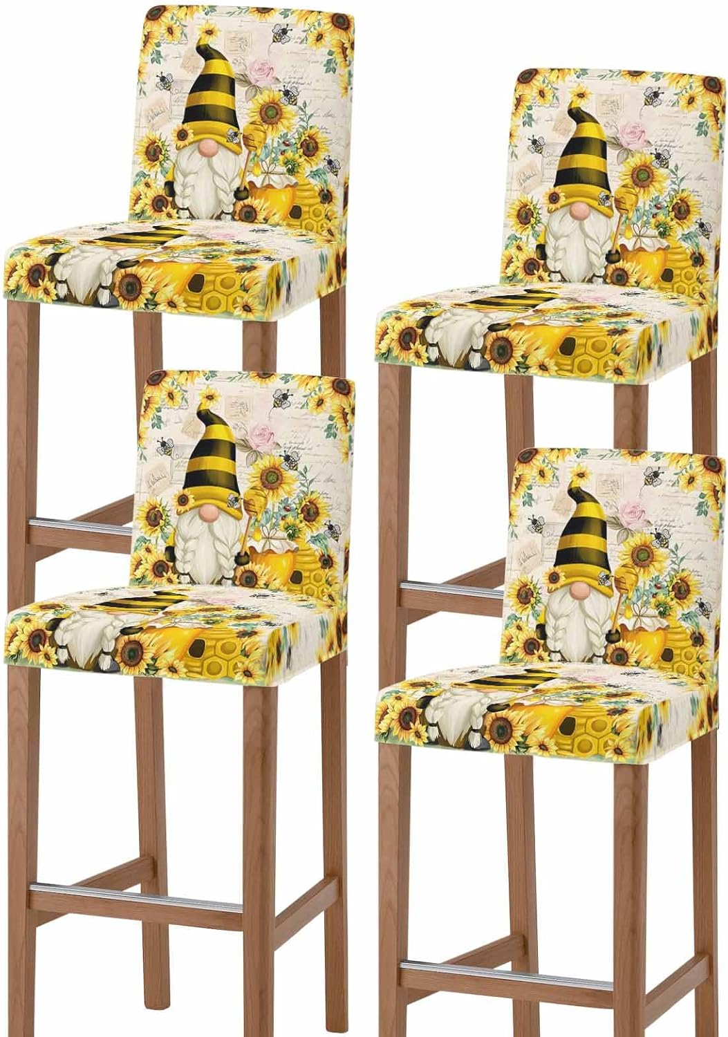 YOKOU Bar Stool Chair Covers Set of 4,Sunflower Dwarf Bee Green Leaves Removable Stretch Pub Counter Stool Chair Slipcover for Dining Room Cafe Furniture,Black White Checkered