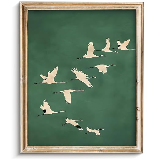 SQGGZH Vintage Wall Art Emerald Cranes Japanese Print Gold Accents Eclectic Wall Art Botanical Still Life Illustration Neutral Woodland for Gallery Bedroom, Kitchen, Living Room or Office -8" x 10"-UNFRAMED