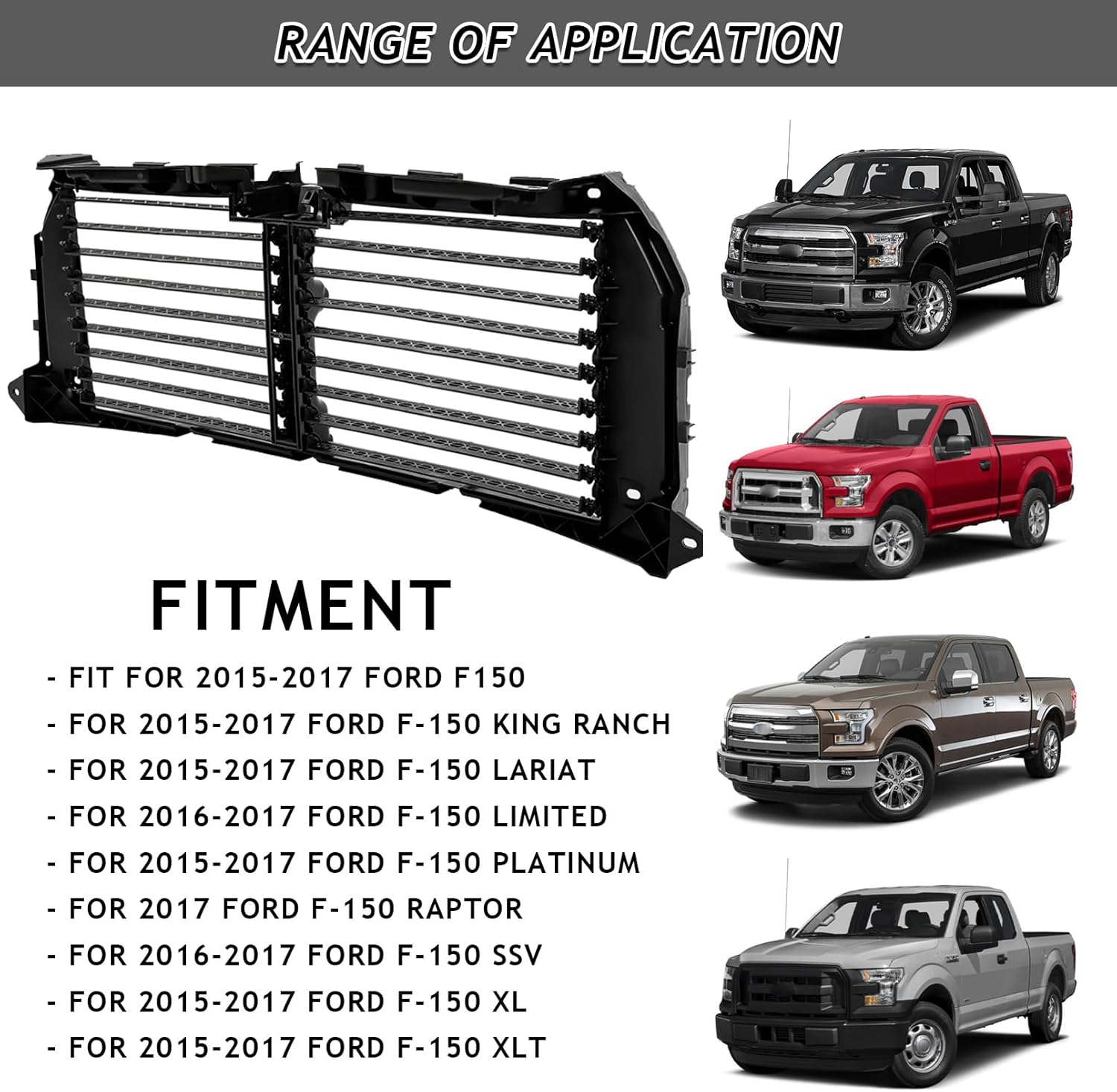 Front Upper Radiator Grille Air Shutter Control Assembly Compatible with 2015-2017 Ford F-150 F150 Replacement For FL3Z8475F Black Active Grille Radiator Shutter