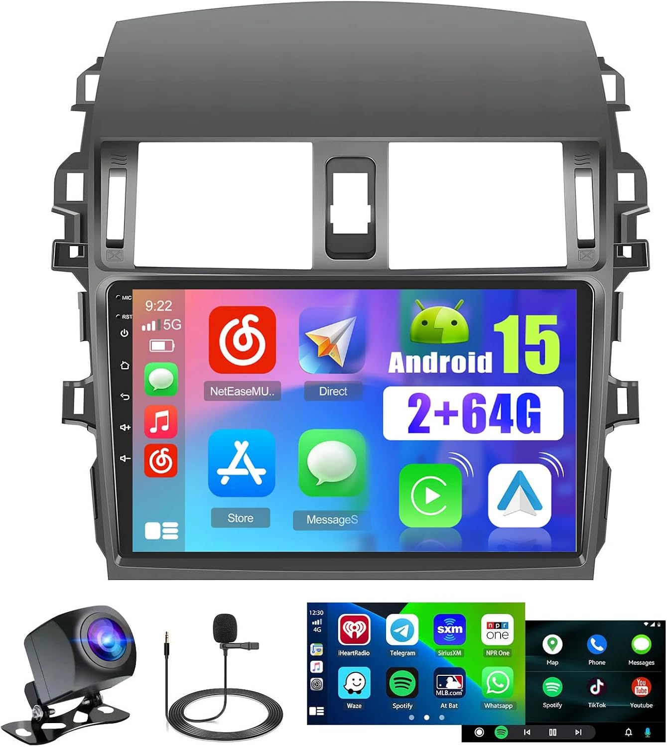 [2G+64G] Android 15 Car Radio Stereo for Toyota Corolla 2009-2013 with Wireless Carplay Android Auto, 9 inch Touch Screen Radio Bluetooth WiFi GPS FM