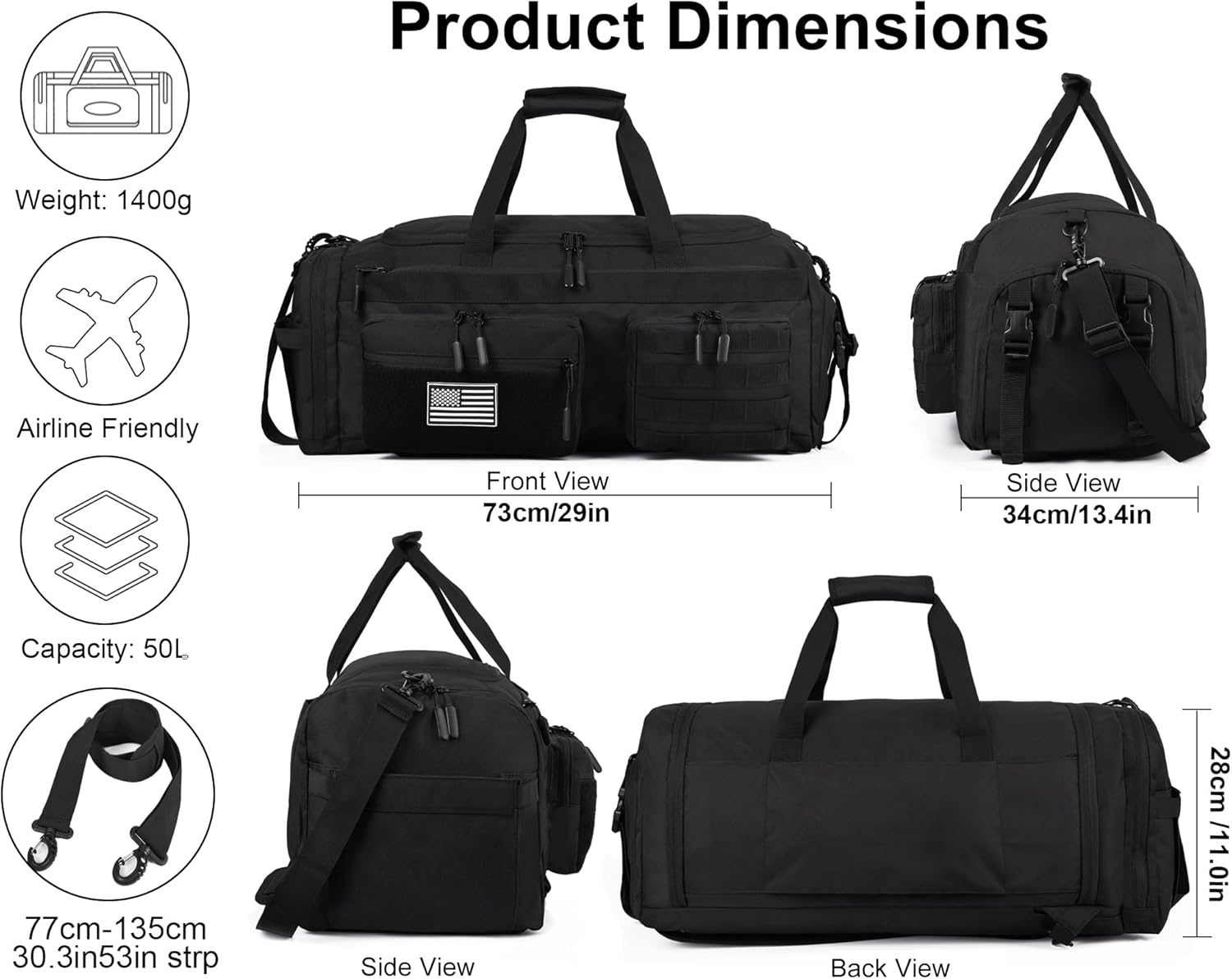LHI 50L Tactical Duffle Bag for Men, 3-in-1 Gym Duffle and Backpack, Shoe Compartment, Laptop Sleeve and MOLLE, Carry-On Travel Weekender and Overnight Bag – Black - Image 2