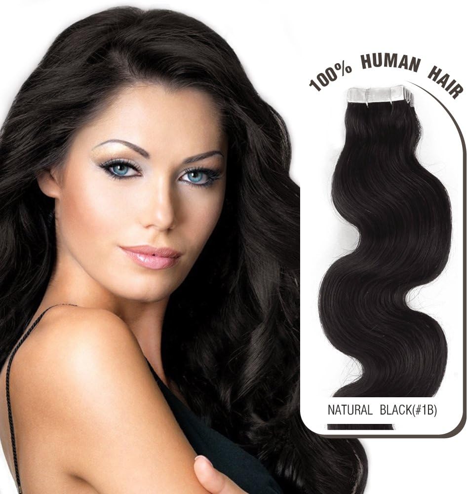 Melodylocks 20" Tape in Remy Human Hair Extensions 20 Pieces(pcs), 30g, Wavy #1b Natural Black
