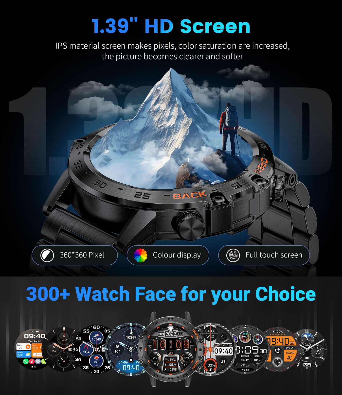 LIGE Wojskowy smartwatch dla mężczyzn (2 paski), wytrzymały smartwatch HD AMOLED 3.6 cm (odpowiedź/nawiązywanie połączeń) do systemu Android iOS, zegarek fitness, czarny zegarek sportowy z 120 trybami