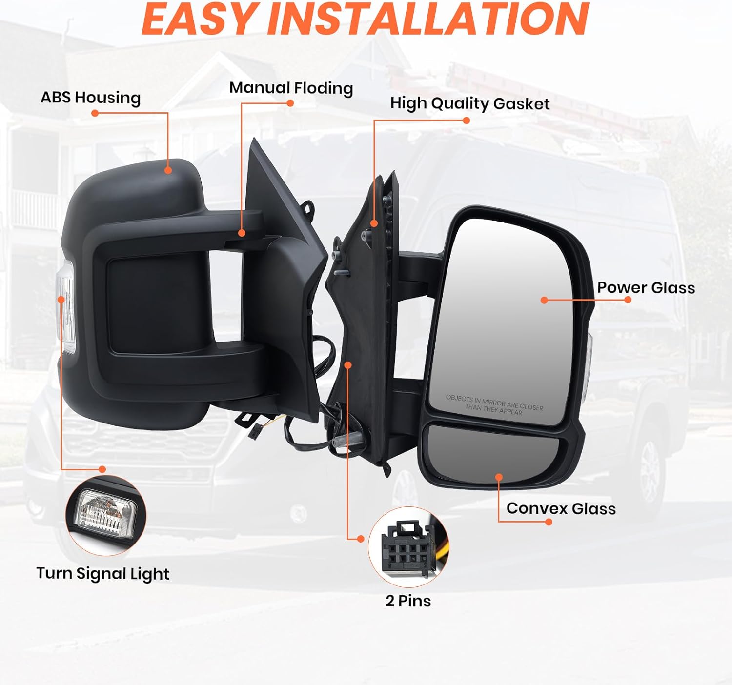 Passenger Side Mirror for with 2014-2024 Ram Promaster 1500/2500/3500,Mirrors with Turn Signals Light,Temperature Sensor,Without Power Glass,Replaces# CH1321417 5VE98JXWAB(Short Arm)2Pins