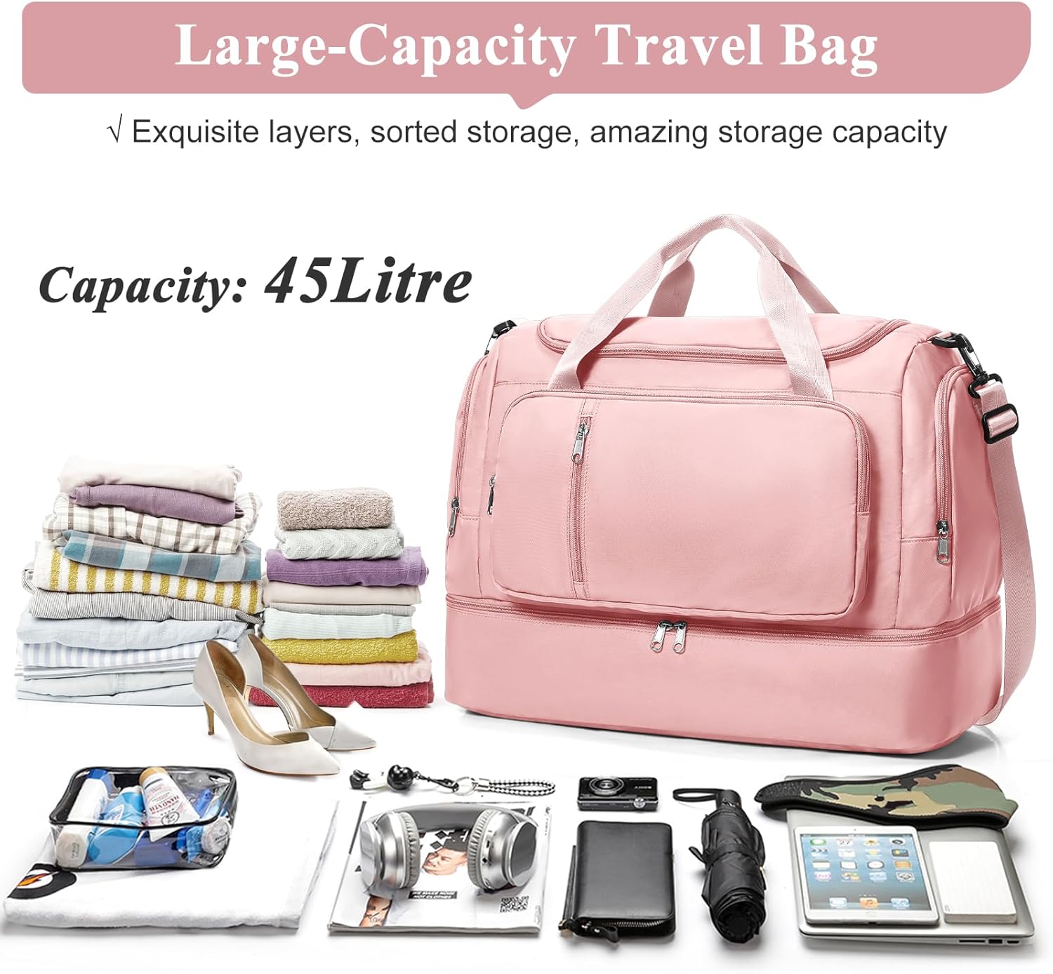Travel Duffle Bag, Weekender Bags for Women,Carry On Overnight Personal Item Travel Bag with Shoes Compartment,Pink - Image 3
