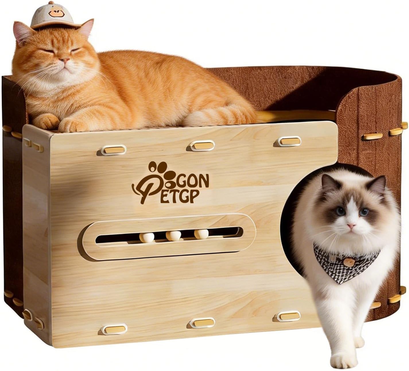 Large Cat Beds for Indoor Cats, Extra Wide Cat House Cave with Scratch Pad Wooden Play Ball, Foldable Felt Kittens Hideaway Condo for Multiple Small Pets