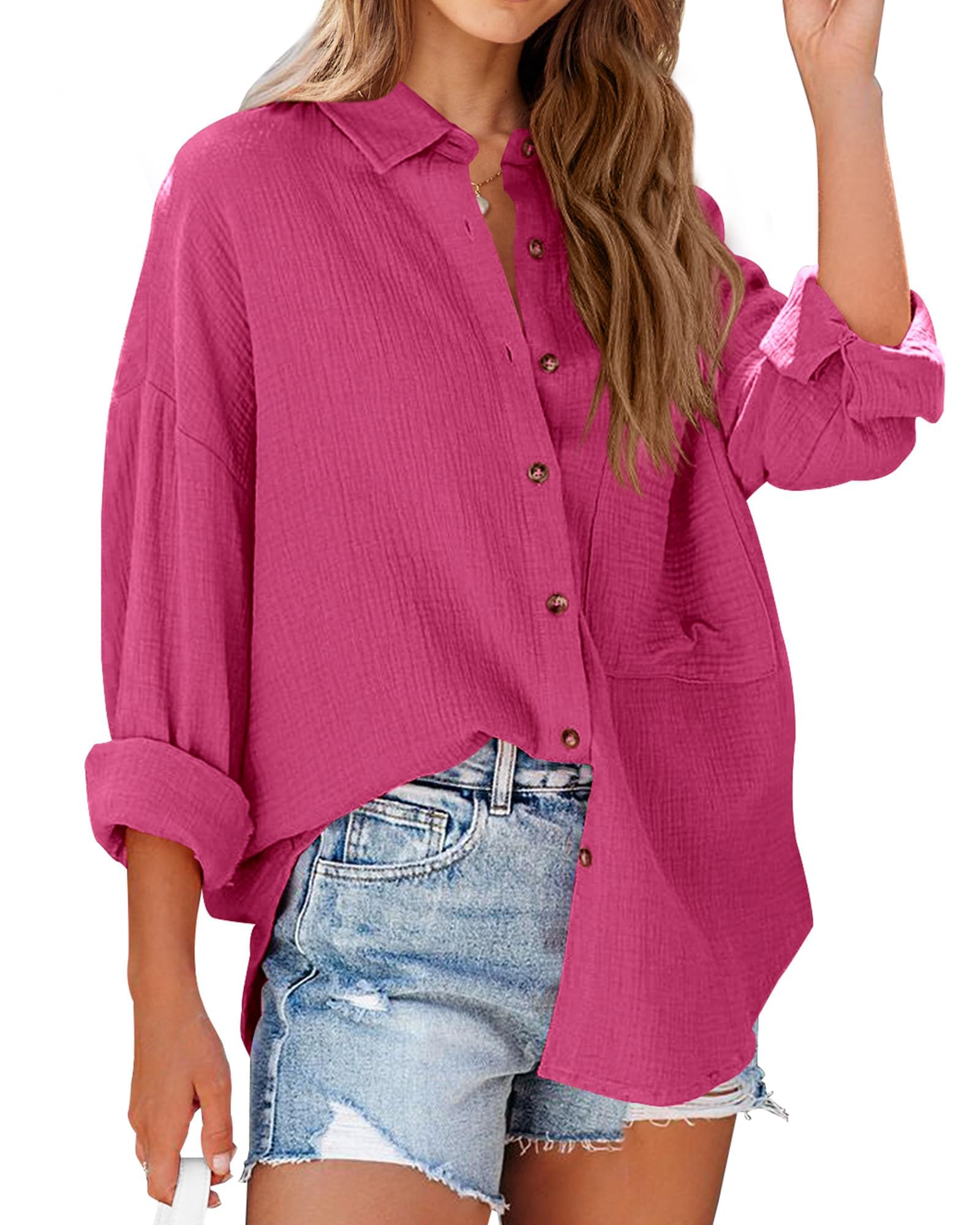NOLLSOM Casual Shirts for Women Long Sleeve Button Down Blouses Spring 2026 Solid Color Trendy Tops with Pocket