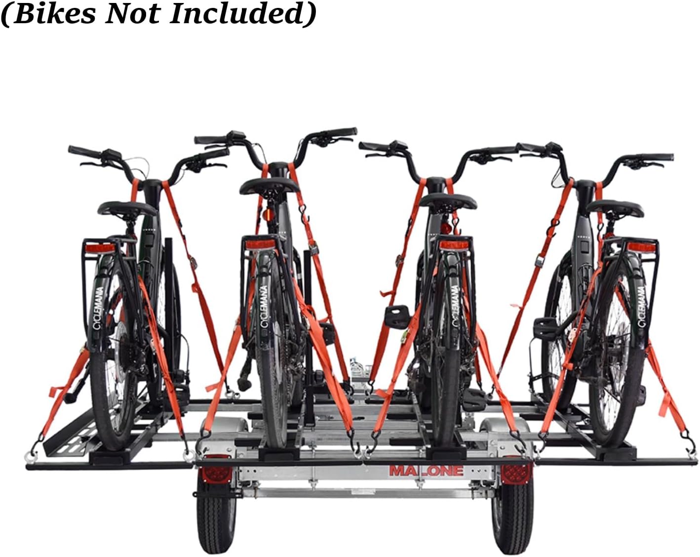 Malone MPG464-B4 MicroSport LowBed 4 Bike Trailer with 4 E-Bike Carriers & Spare Tire | 800 lbs Load Capacity | 20"-29" Wheels with up to 5" Wide Tires | 22" Crossbar to Ground Clearance