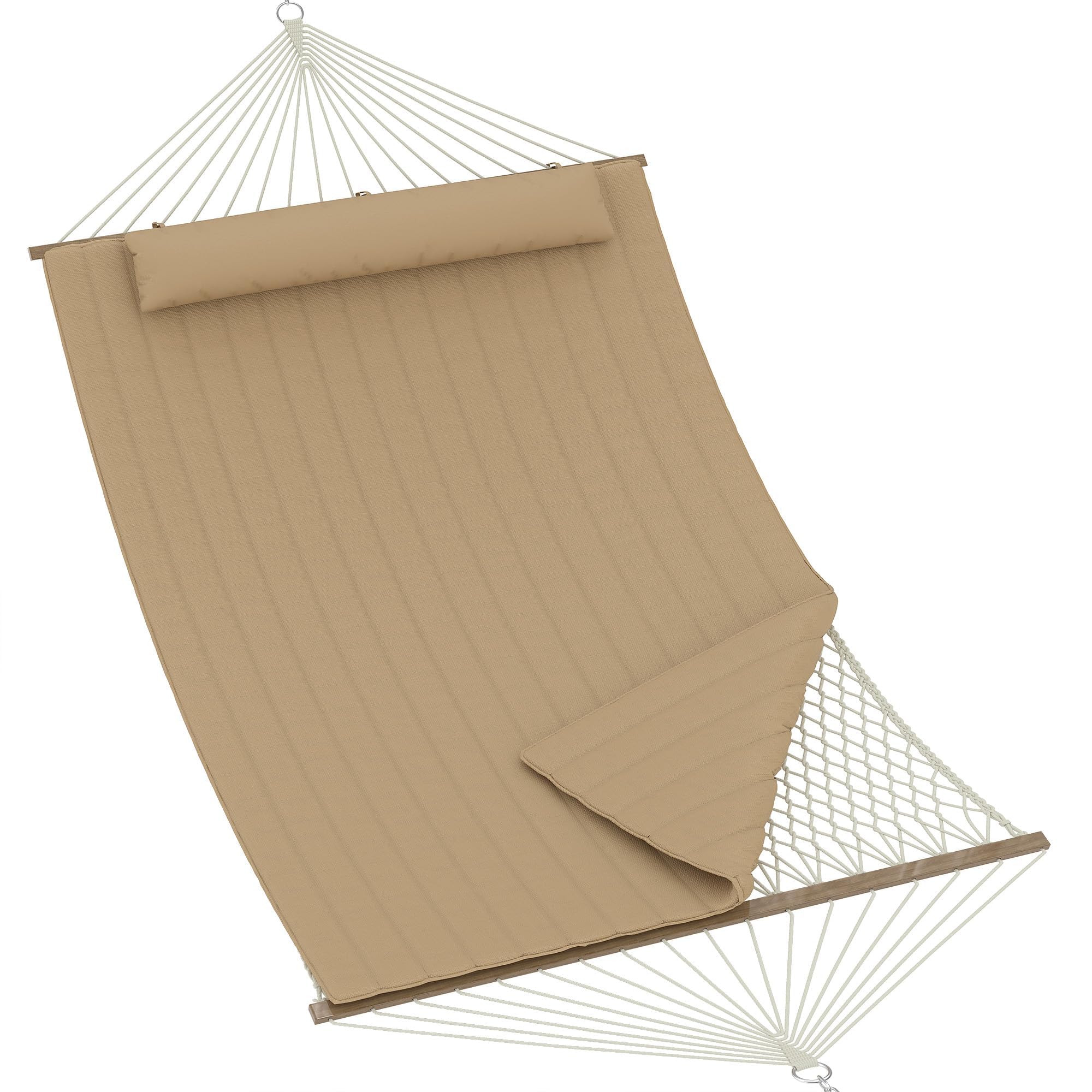 Garvee Hamaca Doble De Cuerda De Yute para Exteriores – Ergonómica con Cojín Extraíble y Resistencia Al Clima para Jardín, Patio o Playa – hasta 204 kg (Amarillo Marrón)