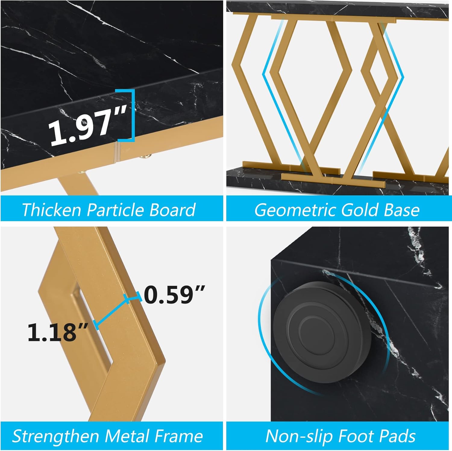 Close-up of the Tribesigns sofa table showing the 1.97 inch thick particle board tabletop, geometric gold base, strengthened metal frame, and non-slip foot pads.